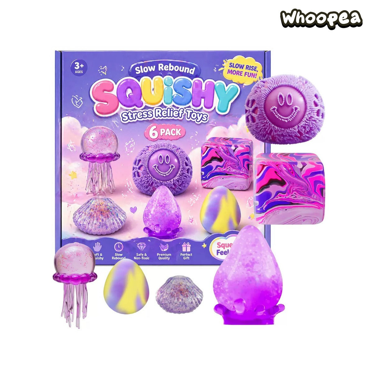 4 Pack Soft Squishy Toys Fun Box, Mixed Slow & Fast Rebound